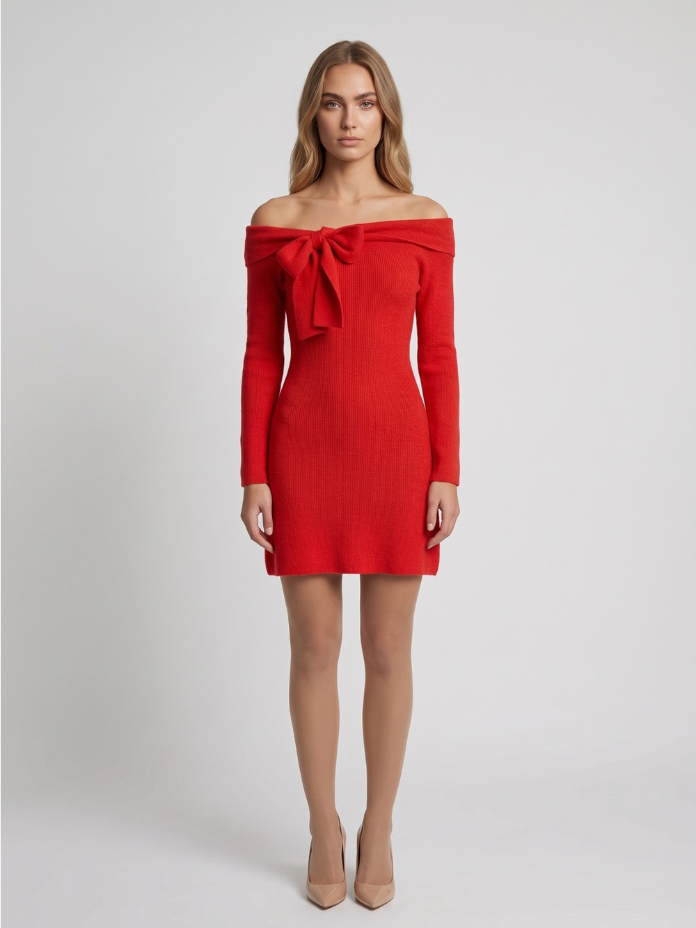 Timing Off-Shoulder Red Knit Mini Dress with Bow NWOT sz Small
